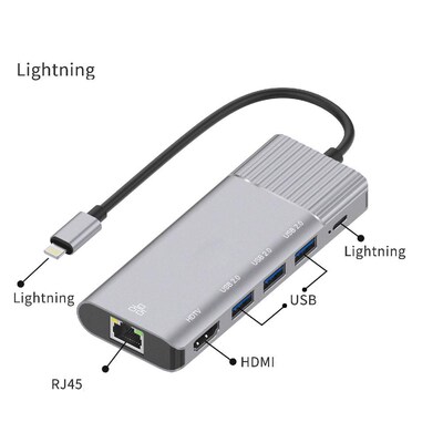 6 in 1 Docking Station 3 Ports Lightning to RJ45 Network Car