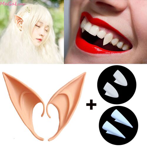 2 Pairs Vampire Teeth Fangs Dentures Props Elf Ears Hallowee