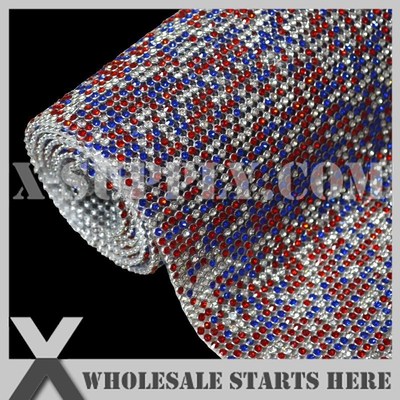 Patriotic 3mm Iron On Rhinestone Mesh Sheet in Silver Base w