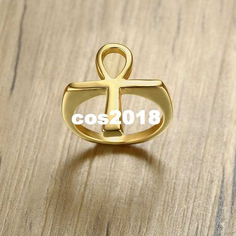 Cross Men Ring Gold Tone Stainless Steel Ankh Egyptian