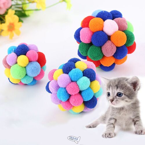 Three size plush Bouncy Ball Pet Cat Toy Colorful Handmade B