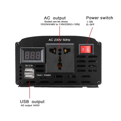 Dual USB 10000W Modified Sine Wave Inverter DC 12V to AC 220