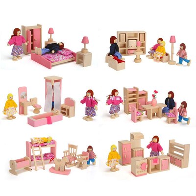 Wooden Miniature Dollhouse Furniture Toys Set Bedroom Kitche