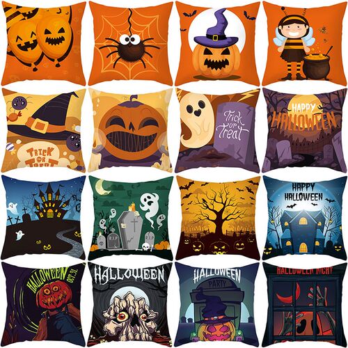 45cmHalloween Peach Skin Velvet Pillowcase Pumpkin Spider Tr