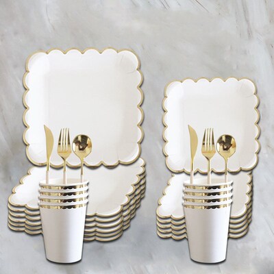 Creative 8 Guests White Disposable Tableware Golden Edge Squ