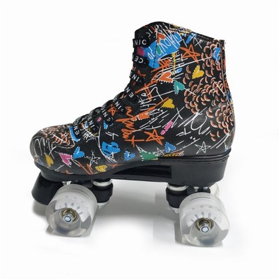 Print White Black Microfiber Roller Skates Double Row 4 Whee