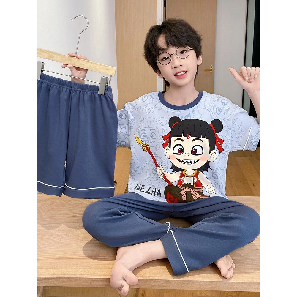 睡衣男童夏季纯棉短袖儿童三件套男孩卡通青少年家居服春装25新款