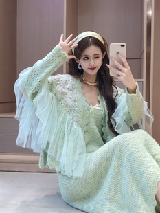 法式洋气立体花朵拼接网纱镂空外套吊带裙两件套清新针织超仙小众
