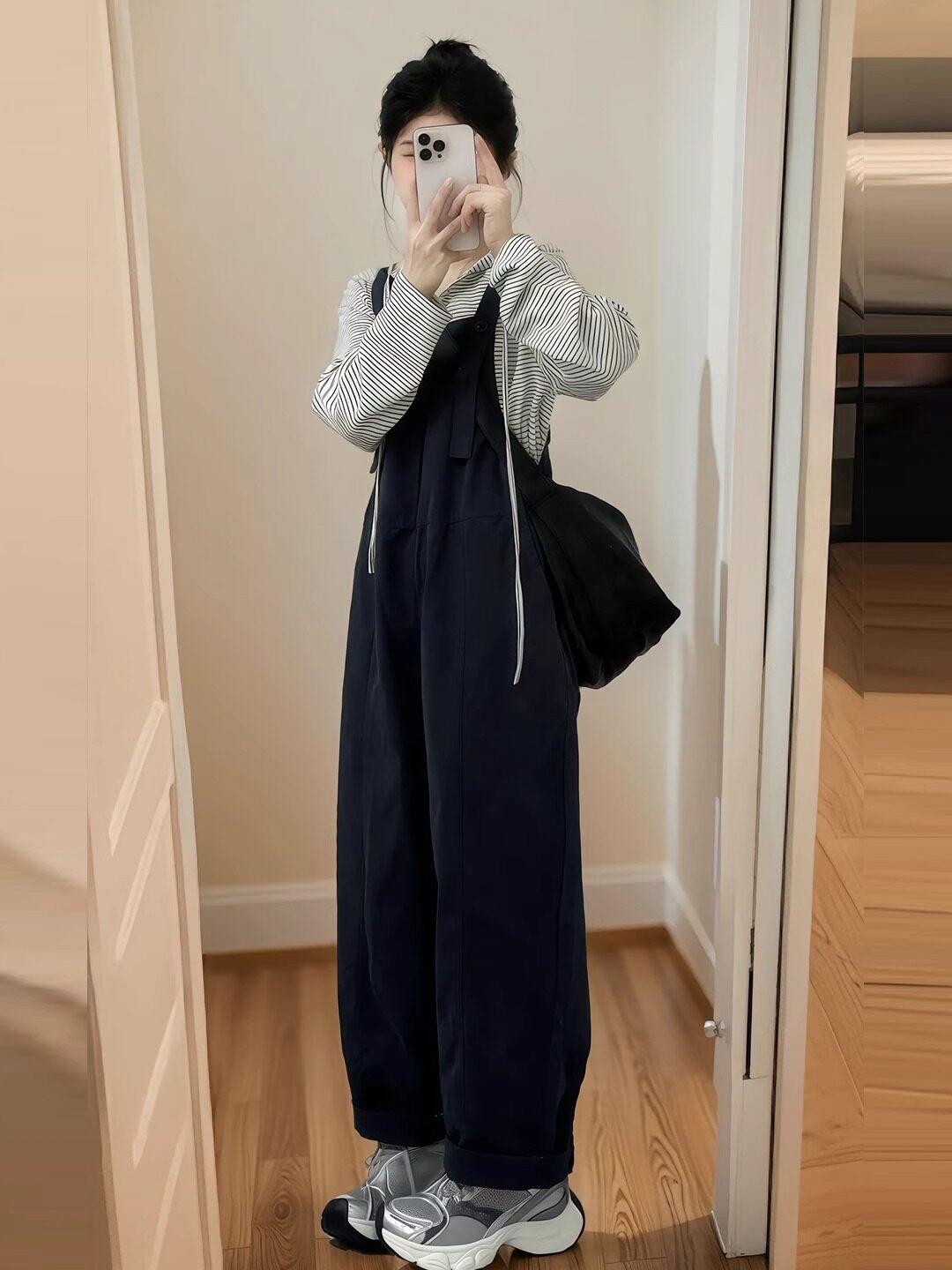 2025春秋新款小个子背带裤套装洋气减龄甜酷显瘦条纹衬衫两件套女