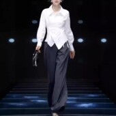 高腰宽松阔腿裤 日本portney 不规则衬衫 新翻领长袖 女 bell秋季