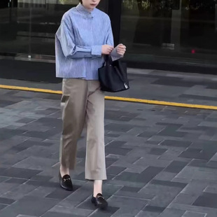 日本portney bell春季新洋气减龄长袖蓝条纹衬衫休闲九分裤女