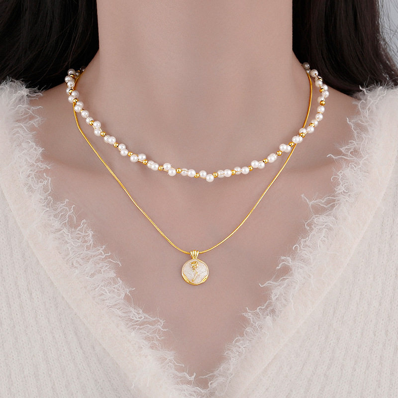 日本portney bell双层叠戴玫瑰花吊坠珍珠项链女轻奢设计感锁骨