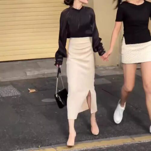 日本portney bell新款法式轻奢显瘦黑色长袖衬衫包臀半身裙女