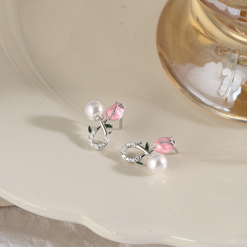 英国设计师cherry kitty小巧简约设计925银粉色郁金香耳钉女生小