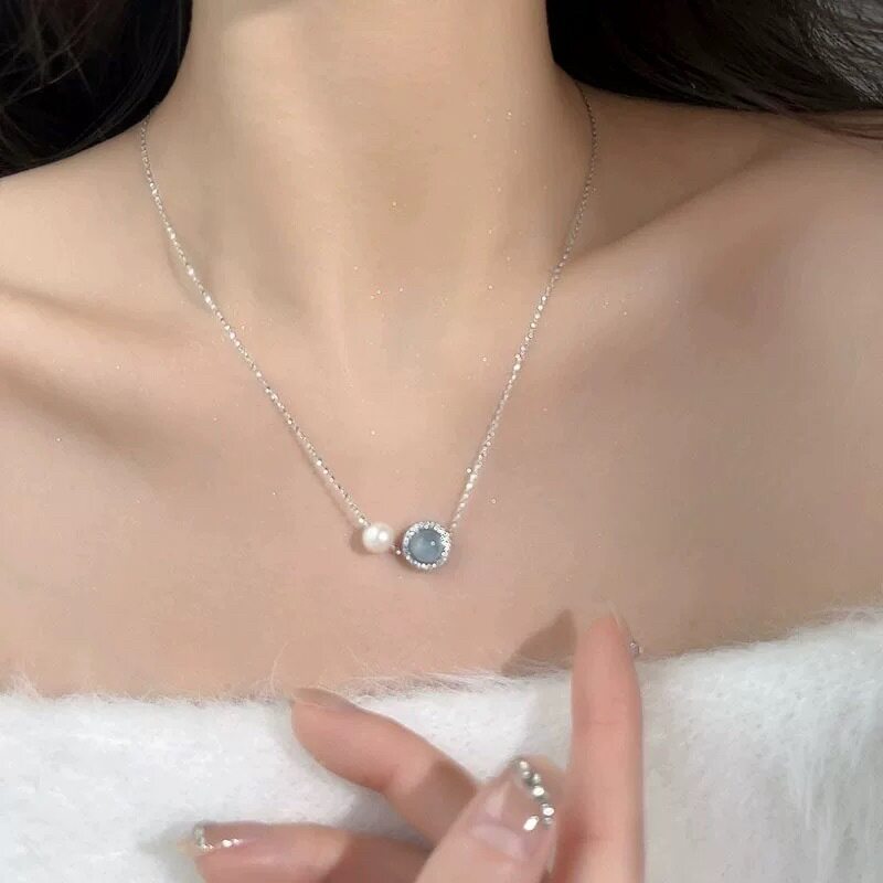 日本portney bells925银法式轻奢海蓝宝淡水珍珠项链女简约精致
