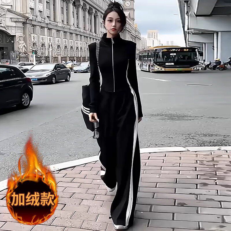 英国cherry kitty酷辣休闲运动套装女冬修身显瘦加绒黑色开衫上衣