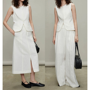 日本portney bell  度假简约廓型 100亚麻马甲西装背心白色半裙