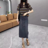 牛仔半身裙女装 日本portney 时尚 圆领条纹打底衫 bell新款