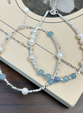 日本portney bells925银海蓝宝淡水珍珠碎银子手链女ins甜美小