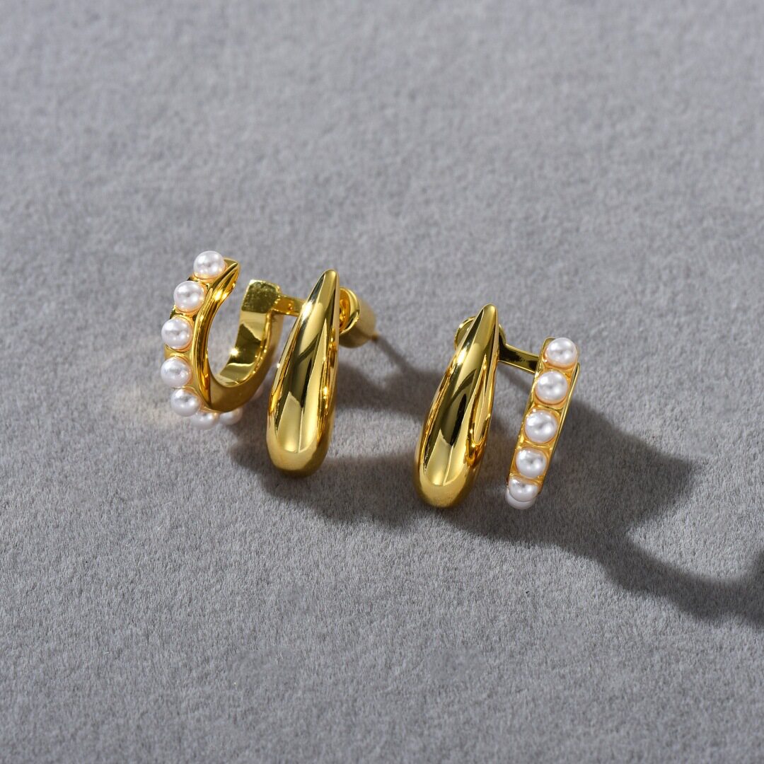 日本portney bell小众设计简约高级金属黄铜镀18k镶嵌珍珠耳饰