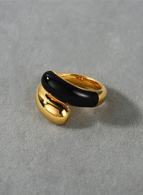 日本portney bell新款双头黑金珐琅滴釉黄铜镀18k撞色指环女欧美