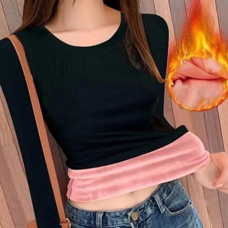 秋冬季保暖内衣女加绒加厚大码胖妹妹修身内搭长袖打底衫上衣秋衣