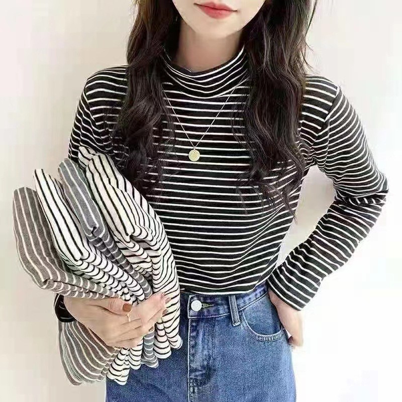双面德绒加厚细条纹打底衫女宽松半高领秋冬内搭保暖百搭长袖上衣