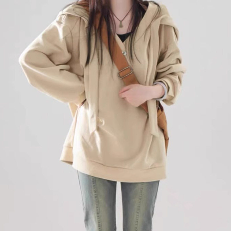 大码美式慵懒风休闲卡其色卫衣女胖MM秋冬宽松显瘦假两件连帽上衣