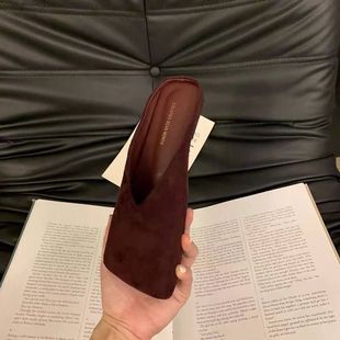 女2025春秋新款 外穿方頭百搭懶人鞋 一腳蹬平底拖鞋 潮氣質(zhì)包頭拖鞋