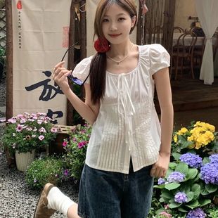 小个子纯棉衬衣泡泡袖 韩版 女夏季 复古甜美系带白色短袖 上衣 衬衫