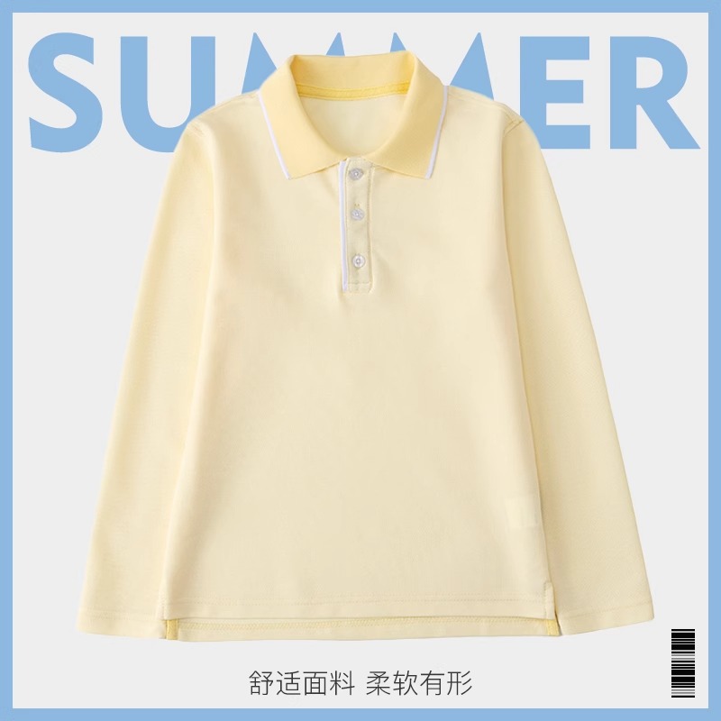 中小学生春秋长袖polo衫黄色纯色校服T恤女童英伦学院风校服套装