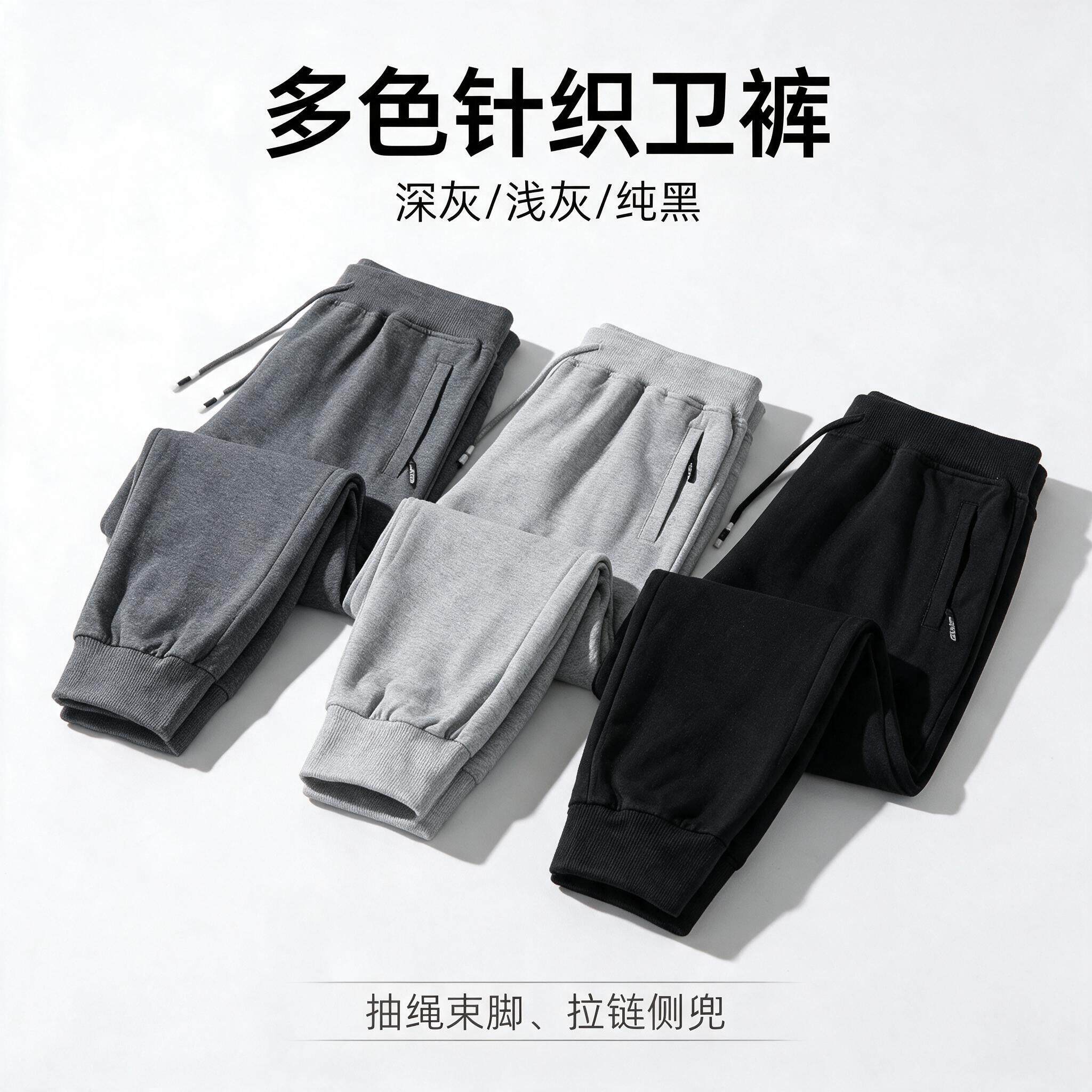 多色针织束脚裤男深灰浅灰纯黑 拉链口袋宽松百搭束脚休闲卫裤