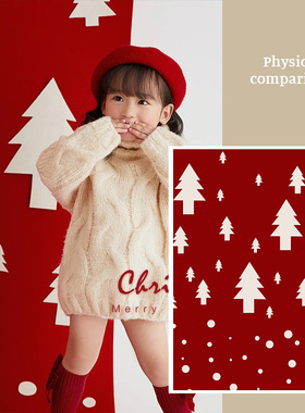 红色圣诞儿童主题氛围感节日派对影棚摄影道具时尚宝宝树喷绘艺术写真布杂志拍摄影楼静物平安夜MH-0779