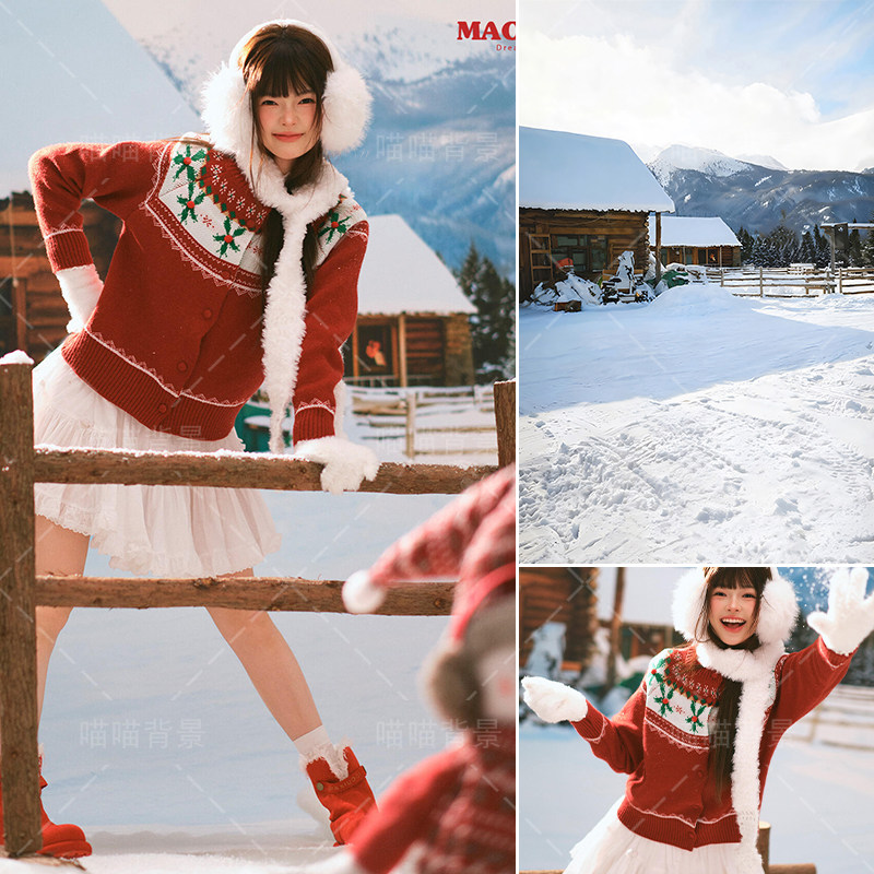 冬日小木屋雪景少女写真拍照背景布圣诞节氛围感雪地雪景冬季影棚室内影楼高级感场景布置摄影背景纸MH-4556