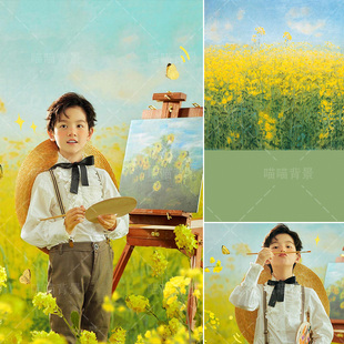 儿童油菜花春季春天春日少女儿童人像写真背景布油画小生春天小黄花新款小清新照相馆拍照室内影棚MH-0850