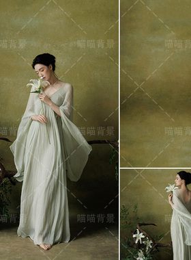 绿色油画纹理少女国风写真拍照背景布高级感氛围感清冷风粉袍新中式禅意艺术照影棚室内东方破碎感MH-3335