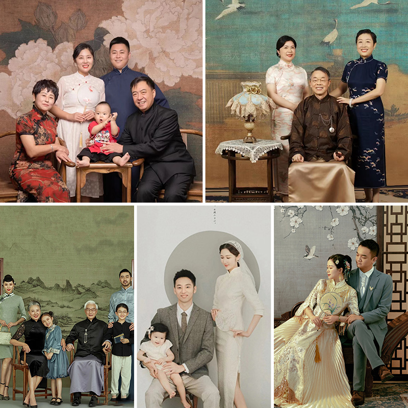 全家福油画背景布合计春节一家六口亲子背景现代婚纱写真布古风旗袍