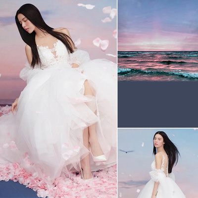 现代婚纱风景拍照海边喷绘布晚霞油画背景布艺术写真沙滩帆布大尺寸模特写真蓝色天空海浪2022新款MH-0160