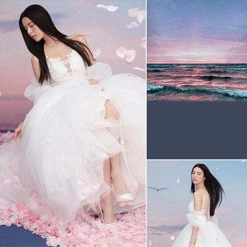 现代婚纱风景拍照海边喷绘布晚霞油画背景布艺术写真沙滩帆布大尺寸模特写真蓝色天空海浪2022新款MH-0160