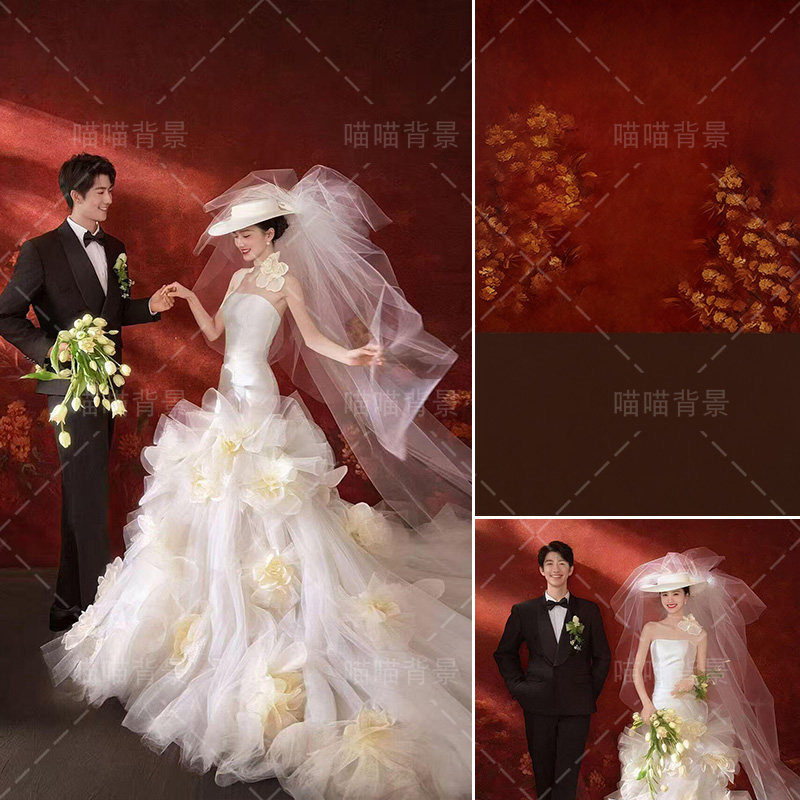 红色油画秀禾影楼婚纱摄影拍照背景布花朵风新年喜庆鱼尾婚纱照复古高级感氛围照红底法式浪漫摄影纸MH-3352