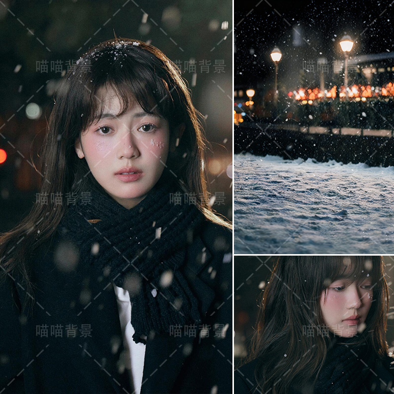 冬季雪景街道少女写真拍照背景布鬼怪新娘路灯影棚室内氛围感喷绘冬日高级感摄影背景纸大尺寸MH-3178
