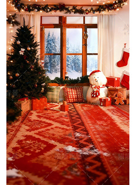 圣诞雪景房间室内影楼婚纱摄影拍照背景布布置直播背景布3d立体背景墙平安夜节日氛围感少女儿童场景MH-3205