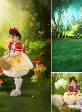 白雪公主宝宝照片影棚室内艺术写真儿童森林绿色公主影楼婚纱摄影童话世界风景梦幻背景纸花仙子精灵MH-0888