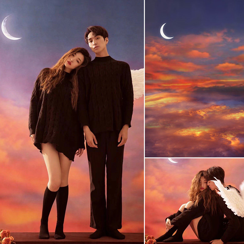 夜晚云朵粉色火烧云月亮天使油画背景布摄影影楼拍摄道具仿手绘夕阳