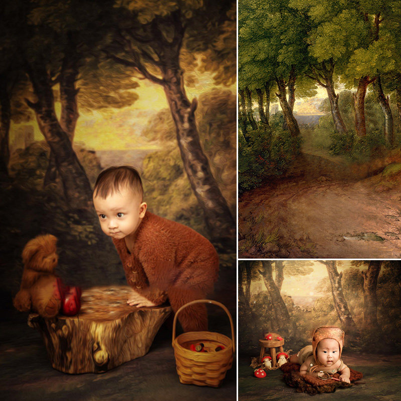 儿童仿手绘油画布影楼照相馆喷绘油画风背景帆布写真梦幻森林mh-0448