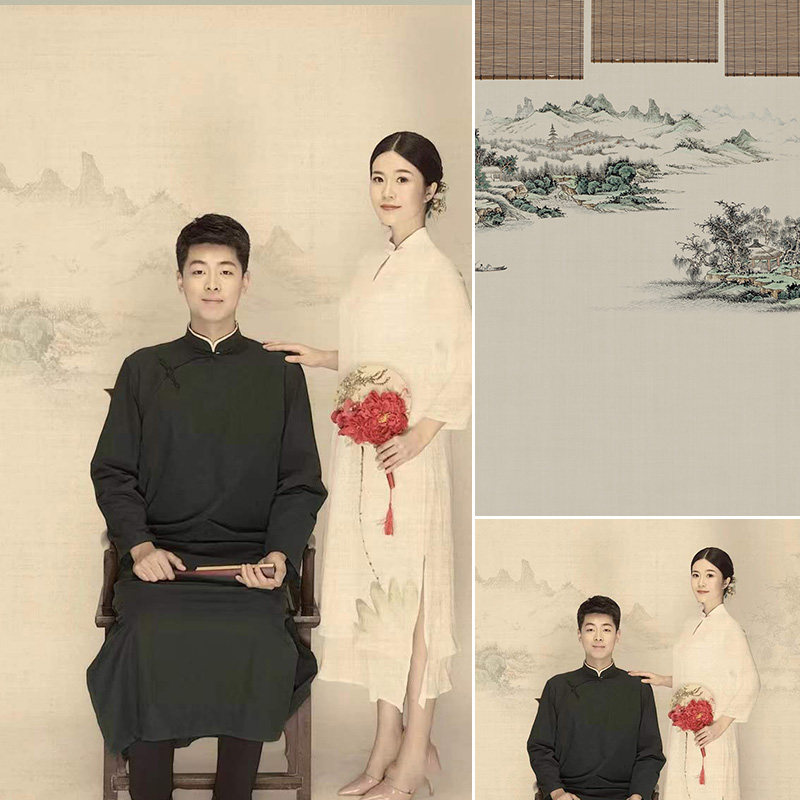 画摄影影楼情侣艺术写真古典文雅喷绘布室内拍摄道具仿手绘拍照幕布