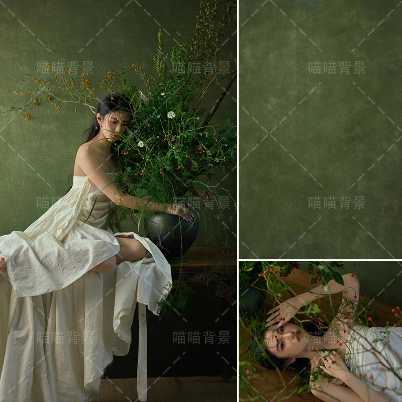 绿色肌理油画少女感清冷风写真拍照背景布国风影棚室内高级感东方古典影楼拍照摄影背景纸大尺寸MH-2989