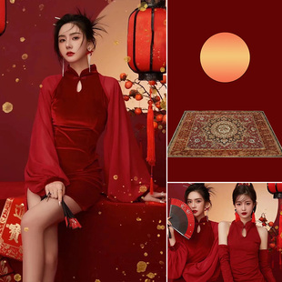 新款 0814 全家福红色喜庆新年过年影棚影楼拍摄写真喷绘艺术写真布油画背景布照相室内摄影拍照道具定制MH