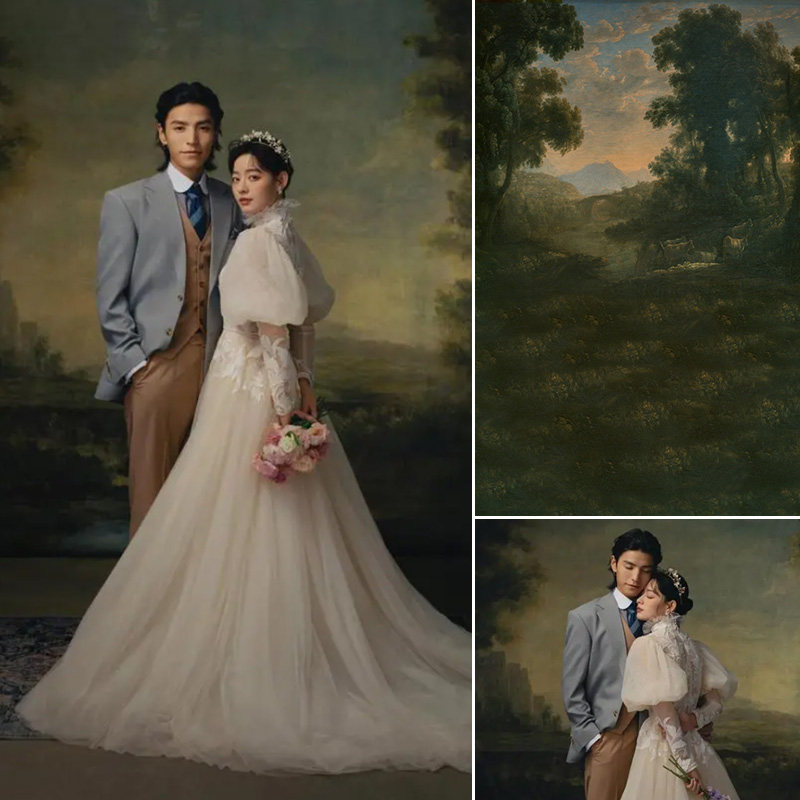 美式油画背景布影楼婚纱摄影仿手绘欧美风格复古儿童艺术写真浪漫主义
