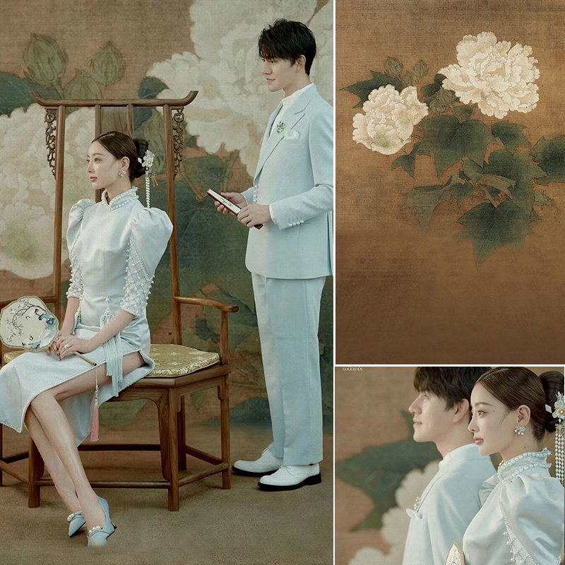 民国工笔画古风画背景布报仿手绘儿童写真拍照主题红白芙蓉图花鸟暖色